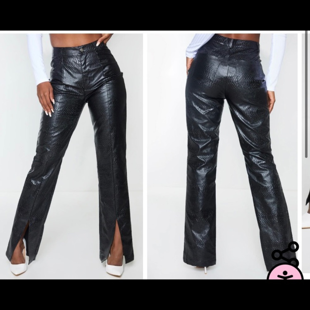 Pretty Little Thing PREMIUM Black Faux Leather Croc Split Hem Skinny Pants